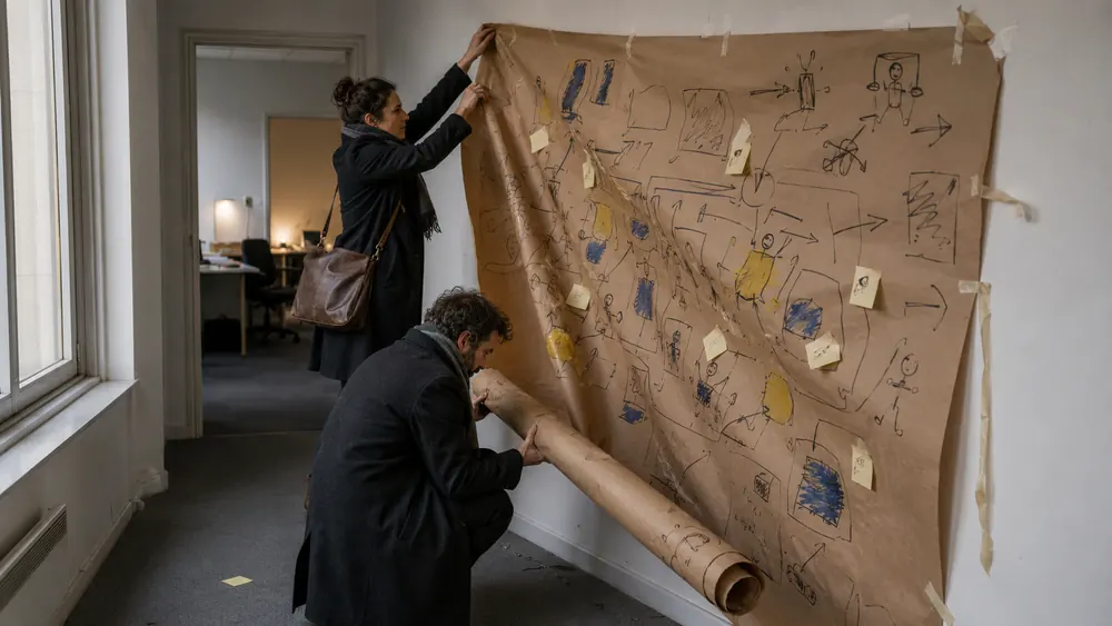 Deux personnes roulent la fresque de kraft pour l'emporter