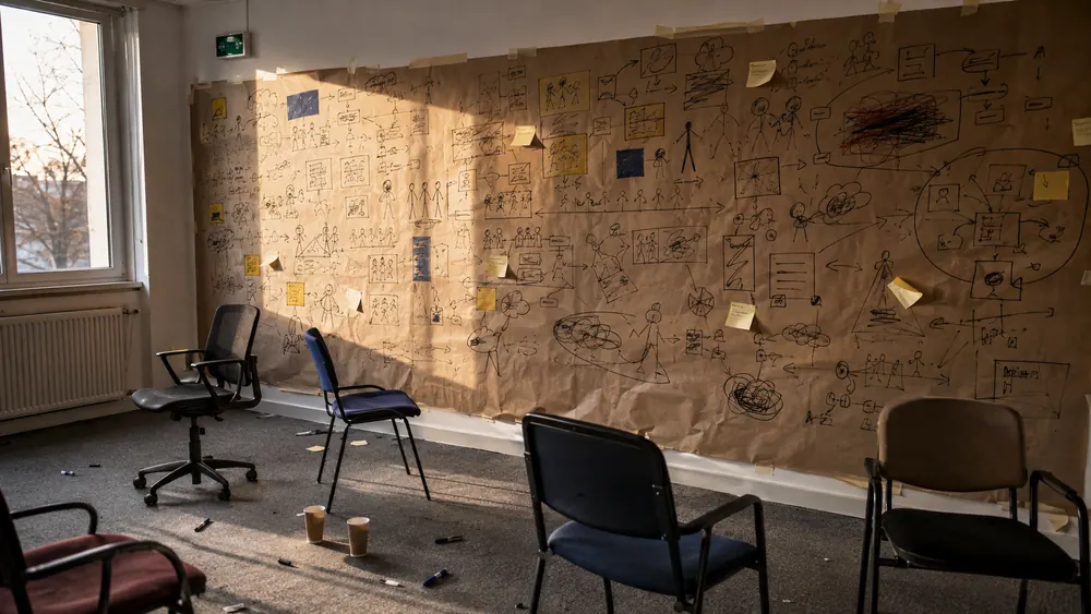 Salle vide, chaises et grand mur de kraft vierge prêt pour la journée
