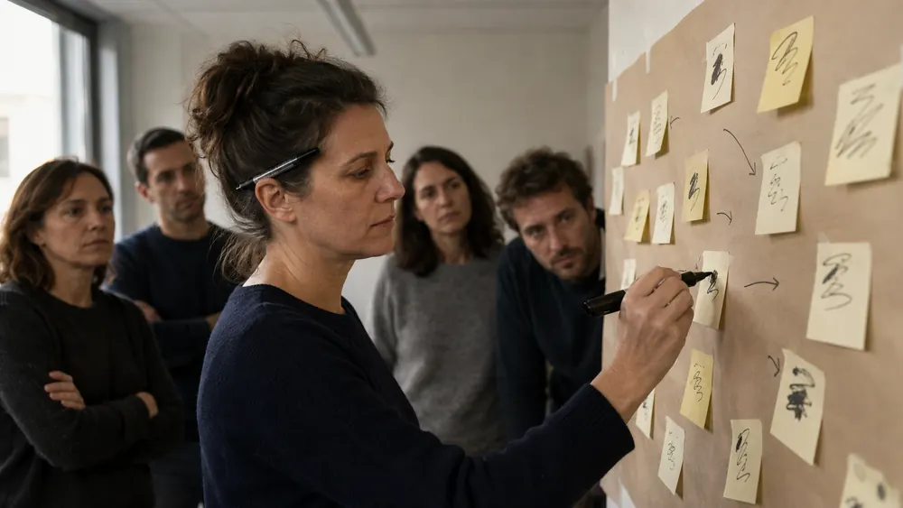 Équipe debout qui écrit et colle des post-its sur un mur de kraft