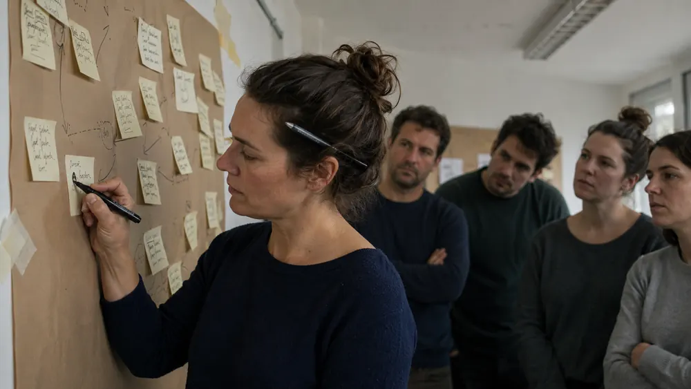 Une participante écrit un post-it au mur, l'équipe debout derrière elle