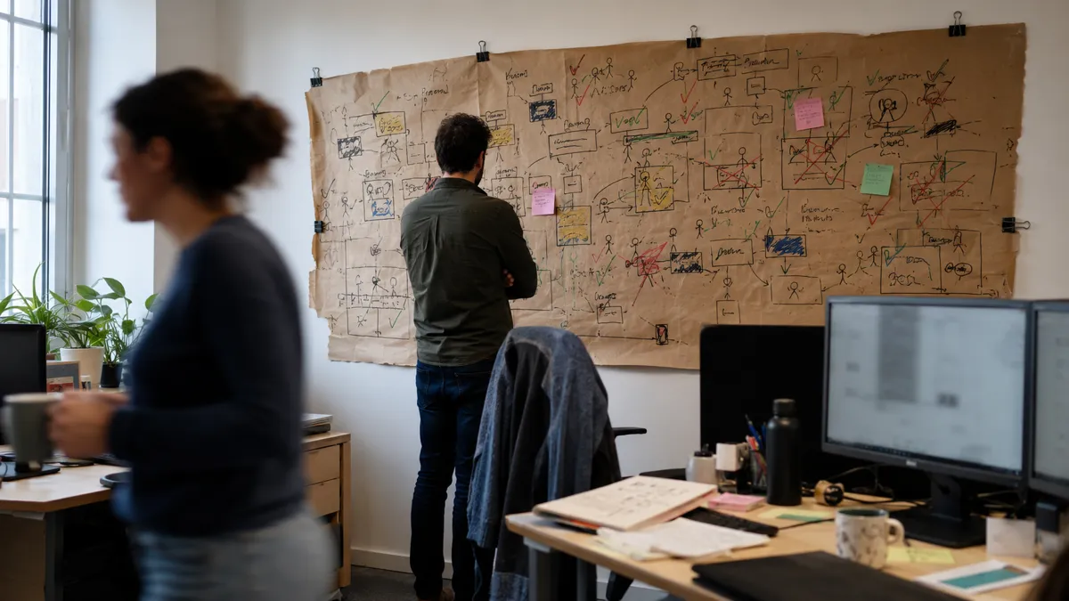 Fresque accrochée dans les locaux de l'entreprise trois mois après la journée, annotée et cochée