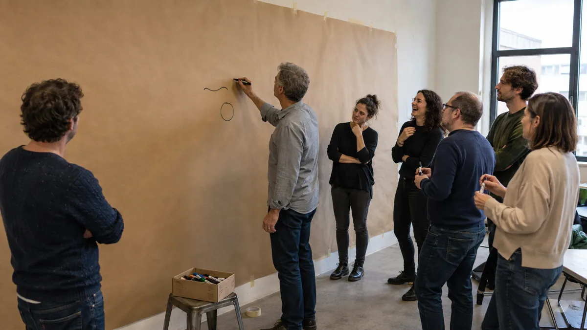 Équipe en atelier de team building en Normandie, debout autour d'une grande feuille de travail