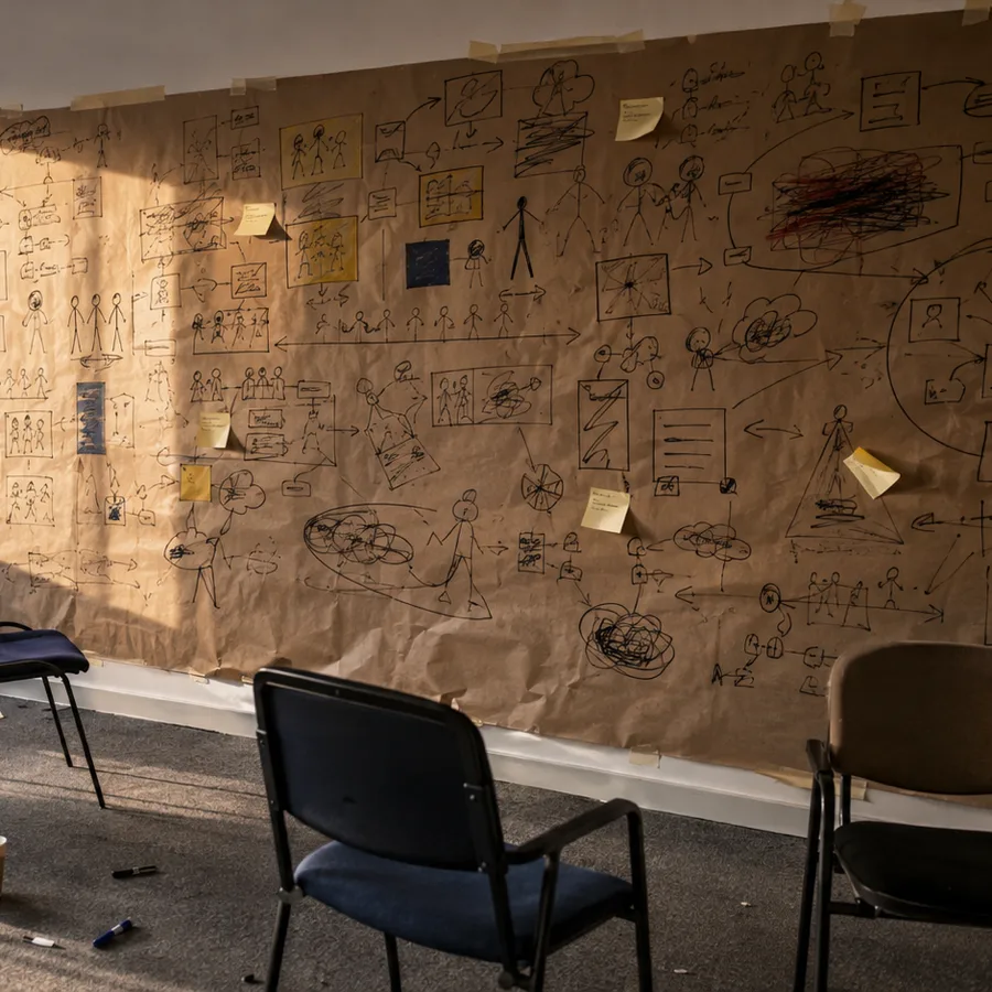 Fresque du Futur Désiré® grand format dessinée à la main par une équipe pendant un team building