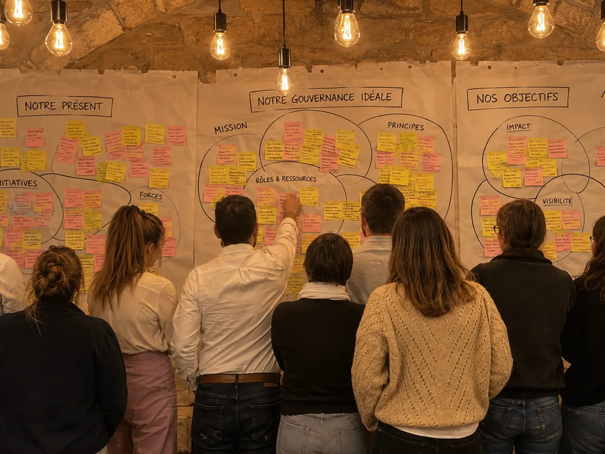 Équipe rassemblée devant sa fresque du Futur Désiré® pendant un team building en Normandie