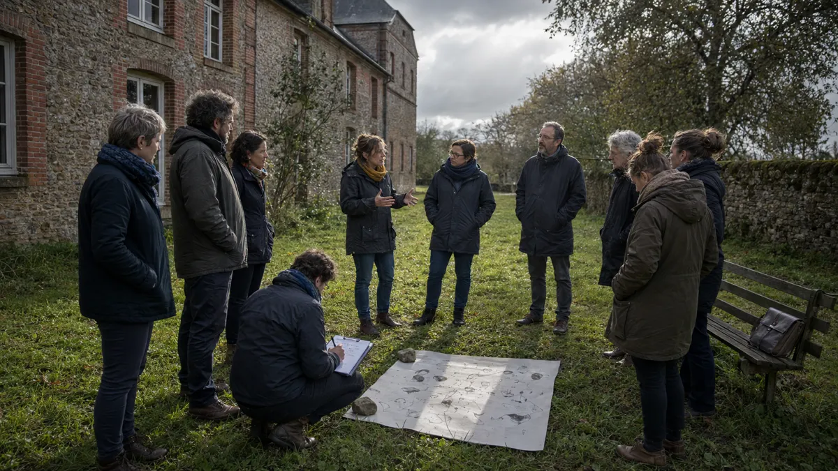 Séance de team building en extérieur devant un manoir normand en pierre et brique